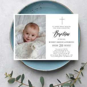 Formal Black & White Photo Infant Catholic Baptism Invitation