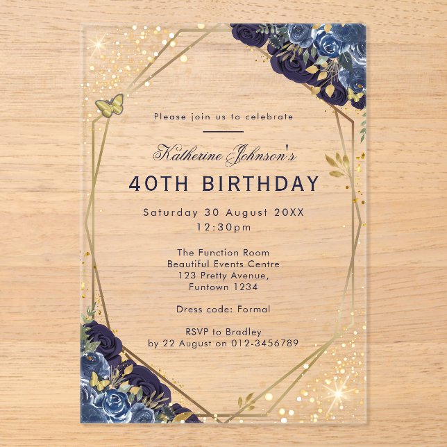 Formal Blue and Gold 40th Birthday Acrylic Invitations (Front)