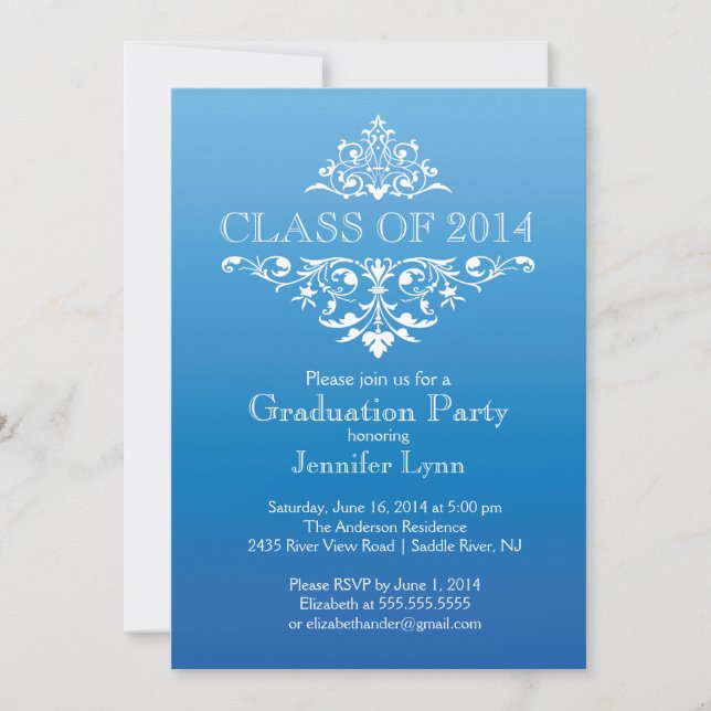 Formal Blue Elegant Flourish Graduation Party Invitation (Front)