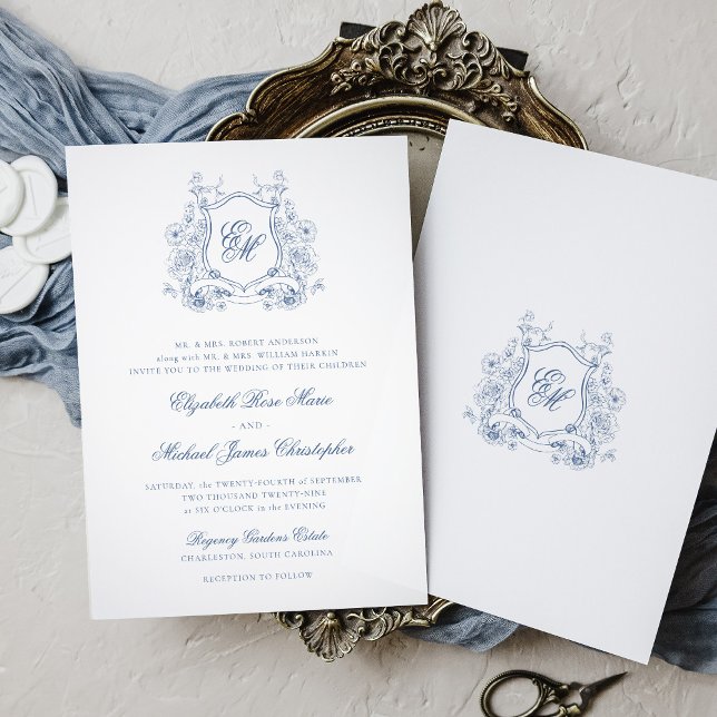 Formal Blue Floral Crest Monogram Elegant Wedding Invitation (Creator Uploaded)