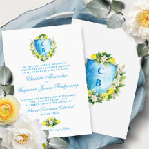 Formal Blue Floral Crest Monogram Lemons Wedding