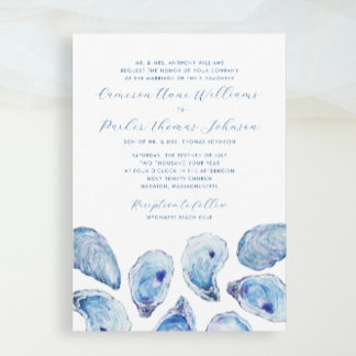 Formal Blue Oyster Watercolor Traditional Wedding Invitation