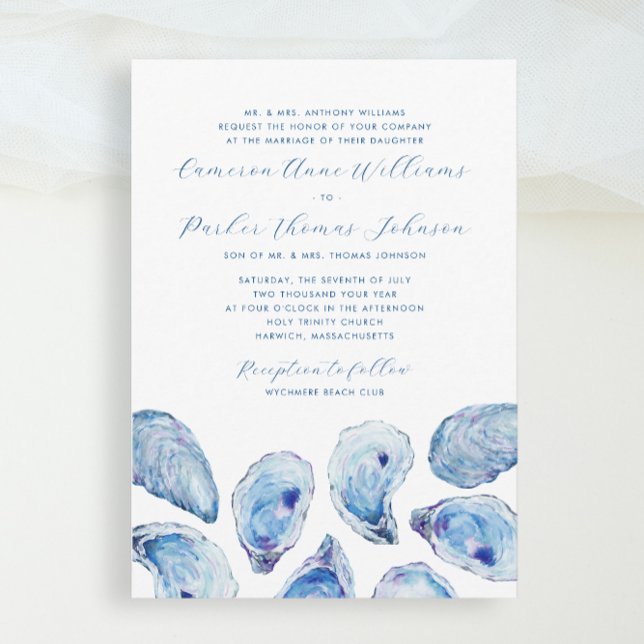 Formal Blue Oyster Watercolor Traditional Wedding Invitation (Formal Blue Oyster Watercolor Wedding invitation for an elegant traditional church ceremony)