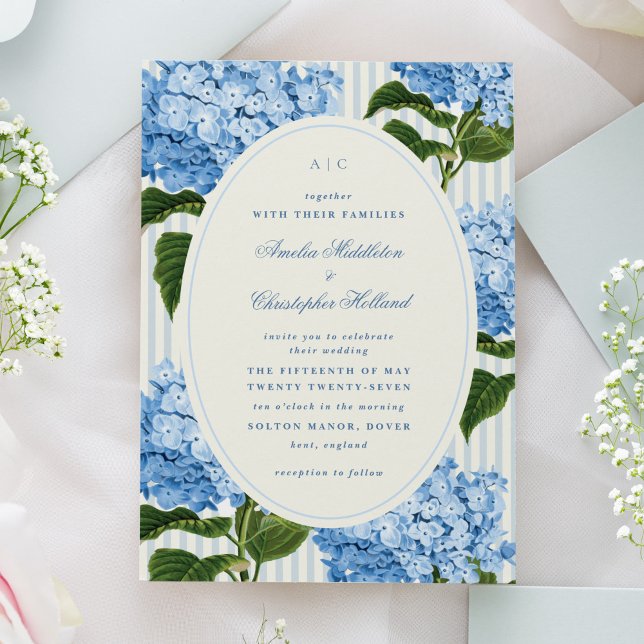 Formal Blue Preppy Hydrangea Garden Wedding Invitation (preppy watercolour hydrangea flowers wedding invitation in blue and off-white.)