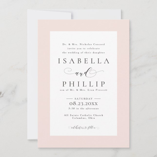 Formal blush pink wedding invitation (Front)