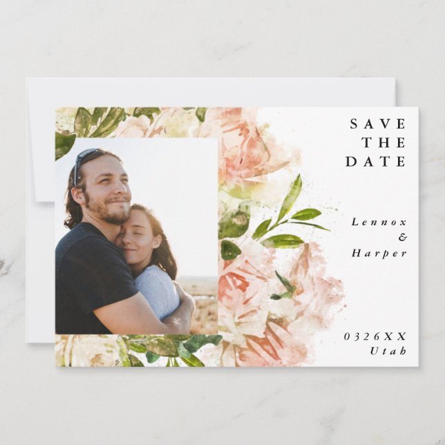 Formal Blushing Pink Rose Rosseta Photo Wedding Save The Date (Front)