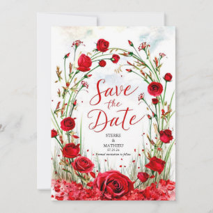 Formal Boho Crimson Red Roses Wedding Save The Date