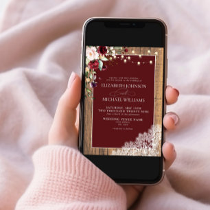 Formal Burgundy Blush Wood Lace Script Wedding Invitation