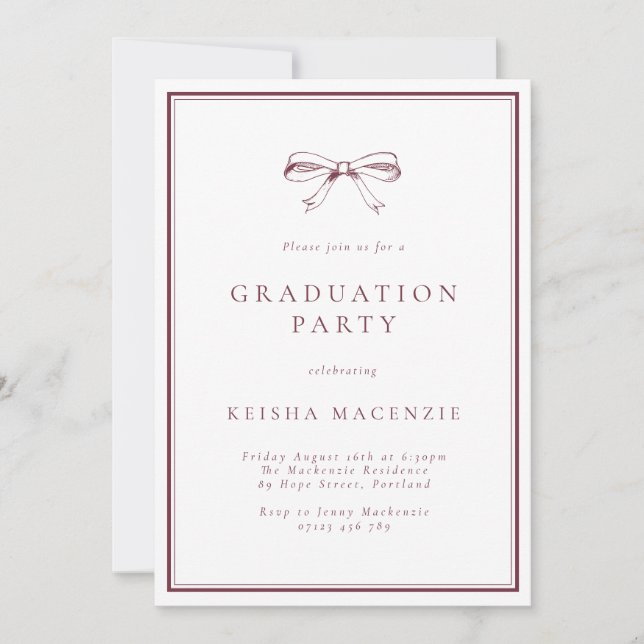 Formal Burgundy Bow Photo Graduation Party Invitation (Front)