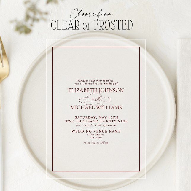 Formal Burgundy Classic Script Wedding Acrylic Invitations (Creator Uploaded)