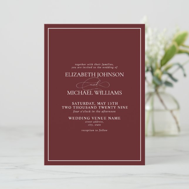 Formal Burgundy Classic Script Wedding Invitation (Standing Front)
