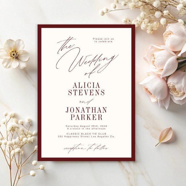 Formal burgundy ivory classic typography wedding invitation (Creator Uploaded)