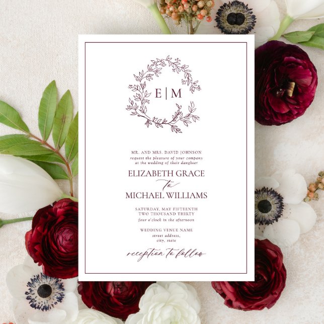 Formal Burgundy Leafy Crest Monogram Wedding Invitation (Creator Uploaded)