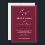 Formal Burgundy Monogram Elegant Wedding Invitation<br><div class="desc">Traditional style burgundy wedding invitation with a simple and classic design with your two initial monogram and your names in an elegant calligraphy inside of a thin border.  All design elements may be changed in the design editing tool. These elegant wedding invitations are perfect for a formal wedding.</div>