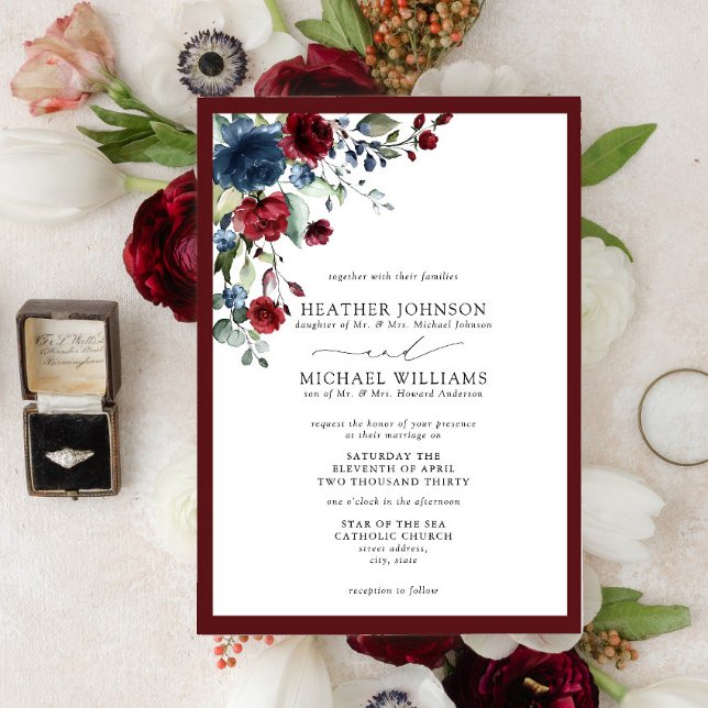 Formal Burgundy & Navy Floral Watercolor Script Invitation (Creator Uploaded)