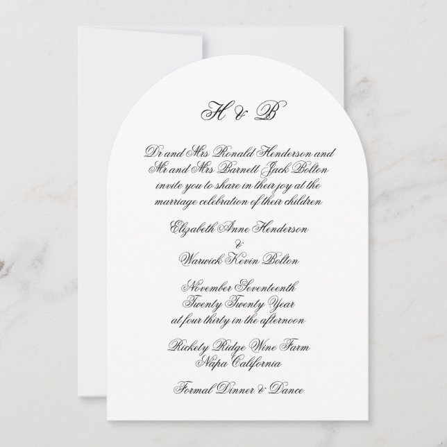 Formal Calligraphy  Black White Wedding Arch Invitation (Front)