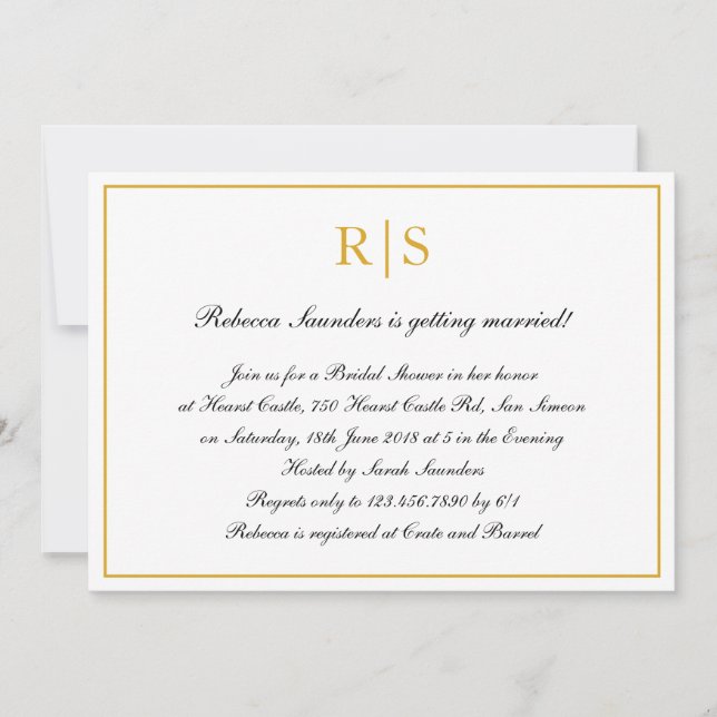 Formal Calligraphy Monogram Gold Bridal Shower Invitation (Front)
