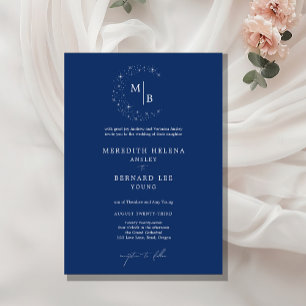 Formal Celestial Elegant Blue Monogram Wedding Invitation