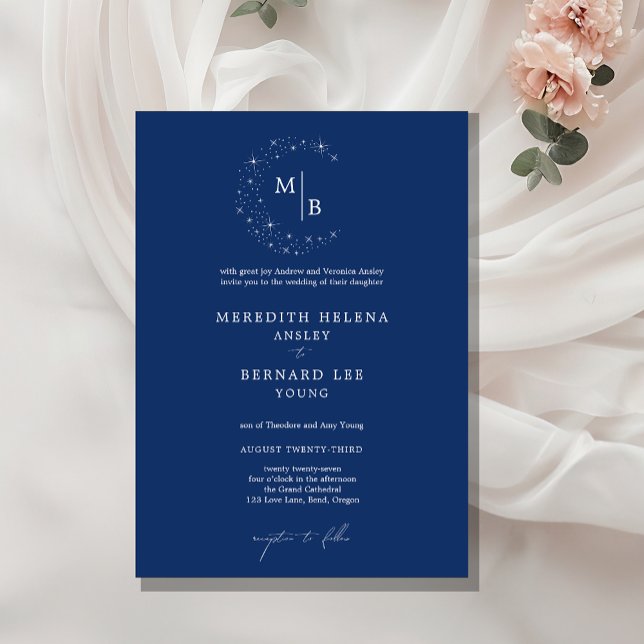 Formal Celestial Elegant Blue Monogram Wedding Invitation (Creator Uploaded)