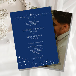 Formal Celestial Elegant Navy Blue Wedding Photo Invitation
