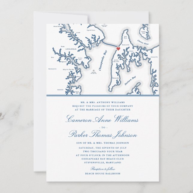 Formal Chesapeake Bay Beach Club Navy Blue Wedding Invitation (Front)