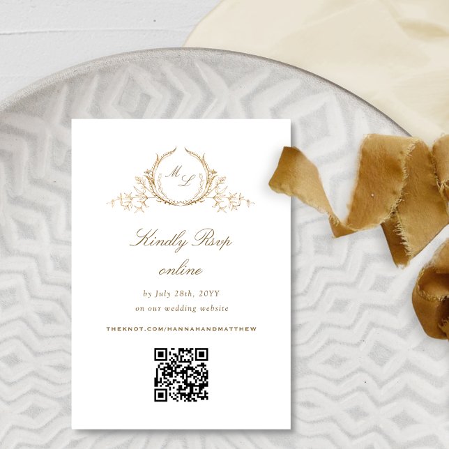 Formal Chic White and Gold Monogram QR Code RSVP Enclosure Card (Creator Uploaded)