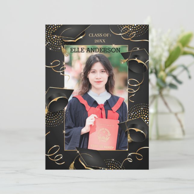 Formal Classic Black Gold Graduation Cap Invitation (Standing Front)
