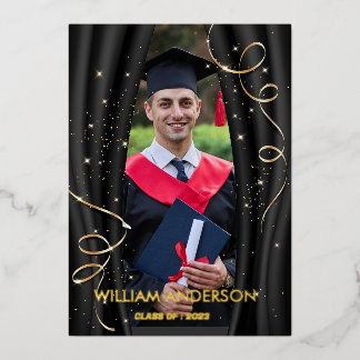 Formal Classic Black Gold Graduation Photo   Foil Holiday Card