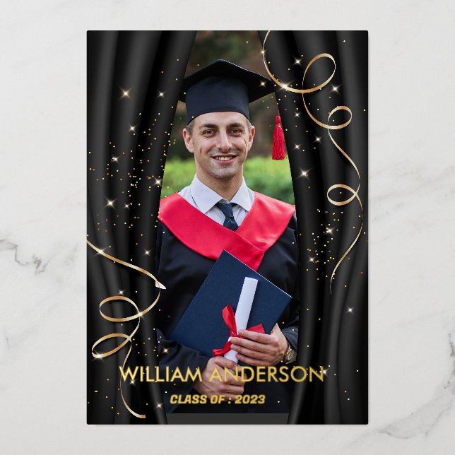 Formal Classic Black Gold Graduation Photo   Foil Holiday Card (Front)