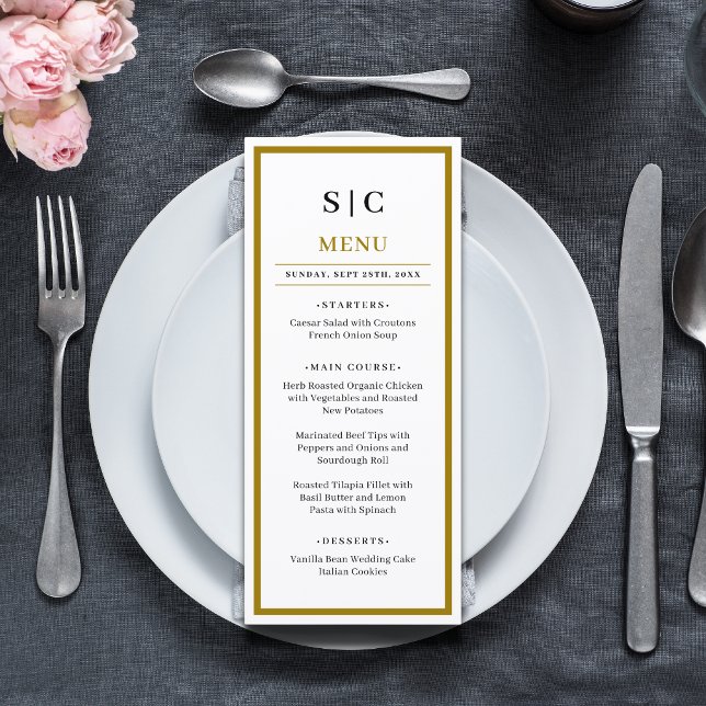 Formal Classic Black Gold Monogram Wedding Menu (Formal black and gold monogram wedding menu adds a refined, elegant touch to reception tables.)