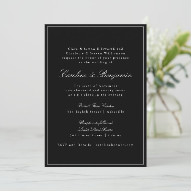 Formal Classic Black Script Elegant Wedding RSVP Invitation (Standing Front)
