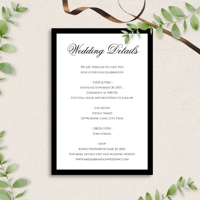 Formal Classic Black White Border Wedding Details Enclosure Card (Creator Uploaded)