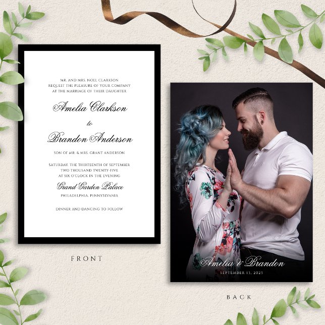 Formal Classic Black & White Script Photo Wedding Invitation (Creator Uploaded)