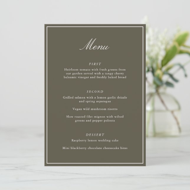 Formal Classic Border Olive Script Elegant Wedding Menu (Standing Front)