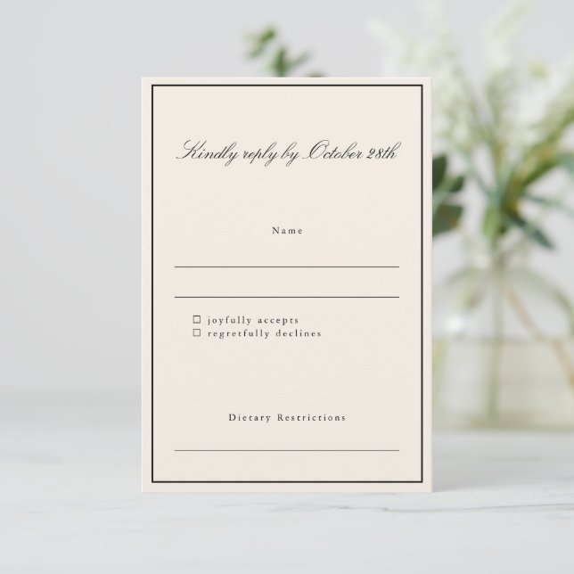 Formal Classic Border Script Elegant Wedding Ivory RSVP Card (Standing Front)