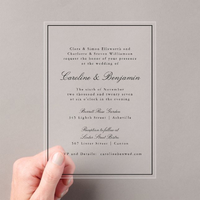 Formal Classic Border Script Elegant Wedding RSVP Acrylic Invitations (Insitu (Handheld))