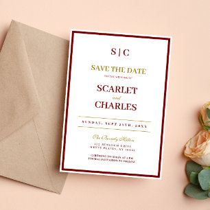 Formal Classic Burgundy & Gold Monogram Wedding Save The Date