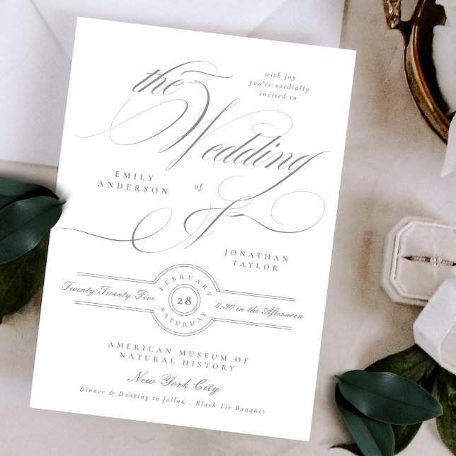 Formal Classic Calligraphy Grey Green Wedding Invitation (Creator Uploaded)