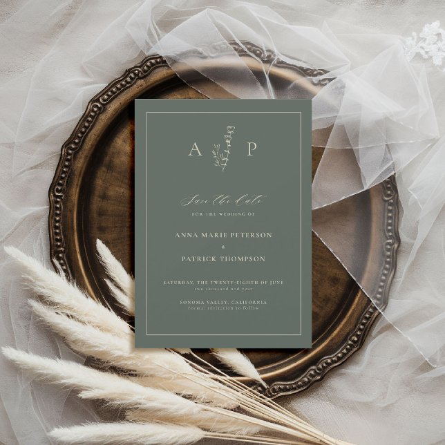 Formal Classic Frame Delicate Sage Sprigs Wedding Save The Date (sage wedding save the date minimalist frame formal modern classic traditional botanical monograms)