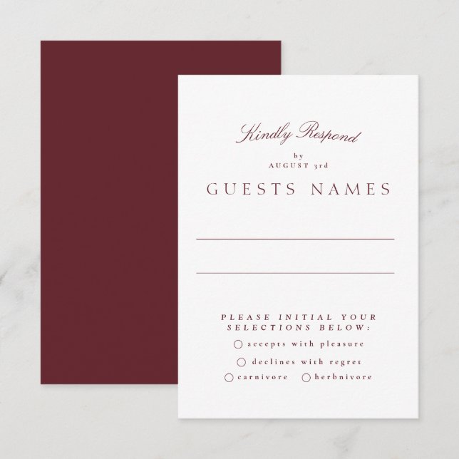Formal Classic Maroon Burgundy Calligraphy Wedding RSVP Card (Front/Back)