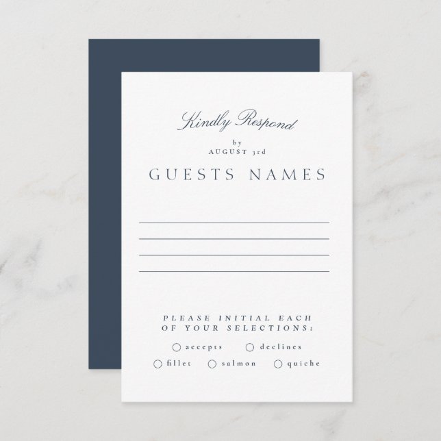 Formal Classic Navy Blue Calligraphy Wedding RSVP Card (Front/Back)