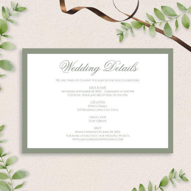 Formal Classic Sage Green Bodered Wedding Details Enclosure Card (Creator Uploaded)