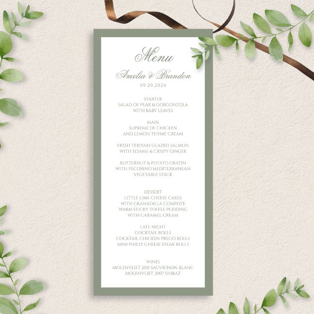Formal Classic Sage Green Border Script Wedding Menu (Creator Uploaded)