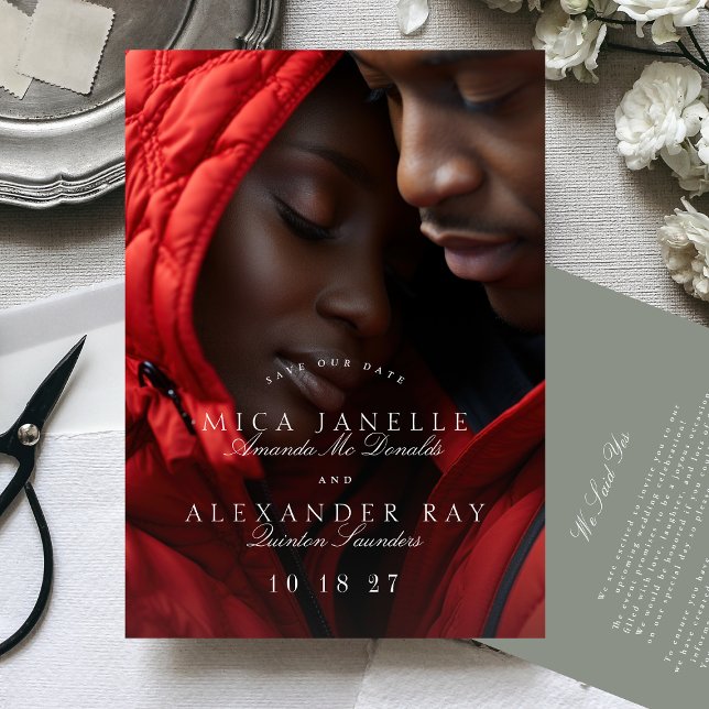 Formal Classic Sage Green Calligraphy Photo Save The Date (Creator Uploaded)