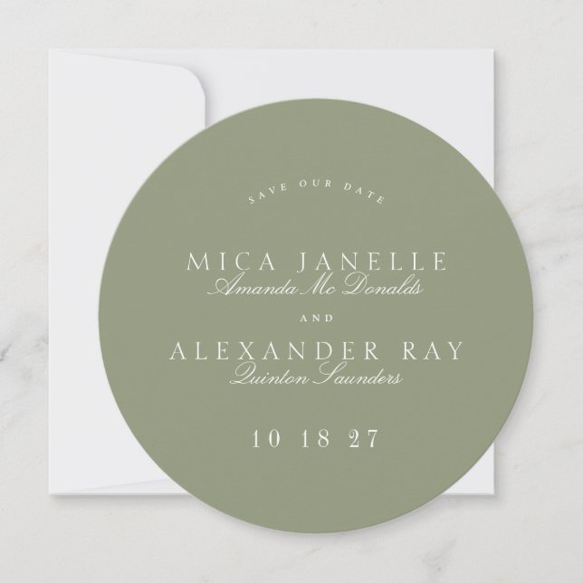 Formal Classic Sage Green Calligraphy Round Photo Save The Date (Front)