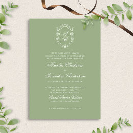 Formal Classic Sage Green Monogram Crest Wedding Invitation