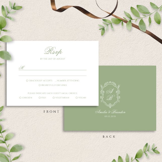 Formal Classic Sage Green Monogram Crest Wedding RSVP Card (Creator Uploaded)