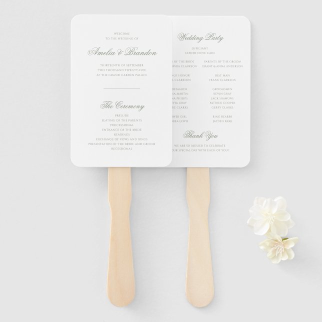 Formal Classic Sage Green Script Wedding Program Hand Fan (Front and Back)