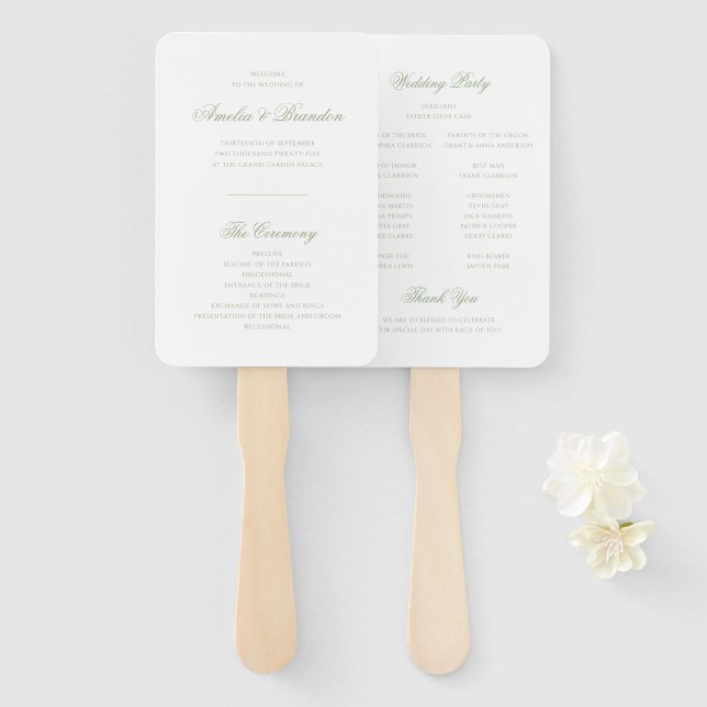 Formal Classic Sage Green Script Wedding Program Hand Fan (Front and Back)