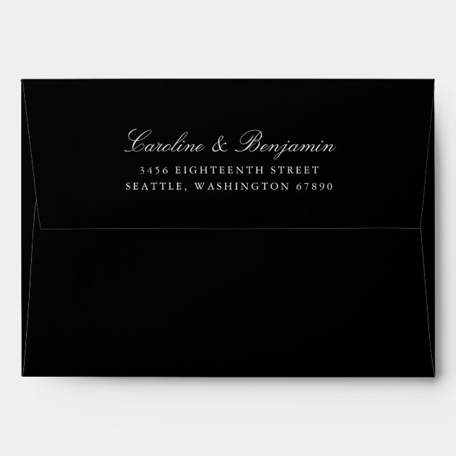Formal Classic Script Elegant Return Address Black Envelope (Back (Top Flap))
